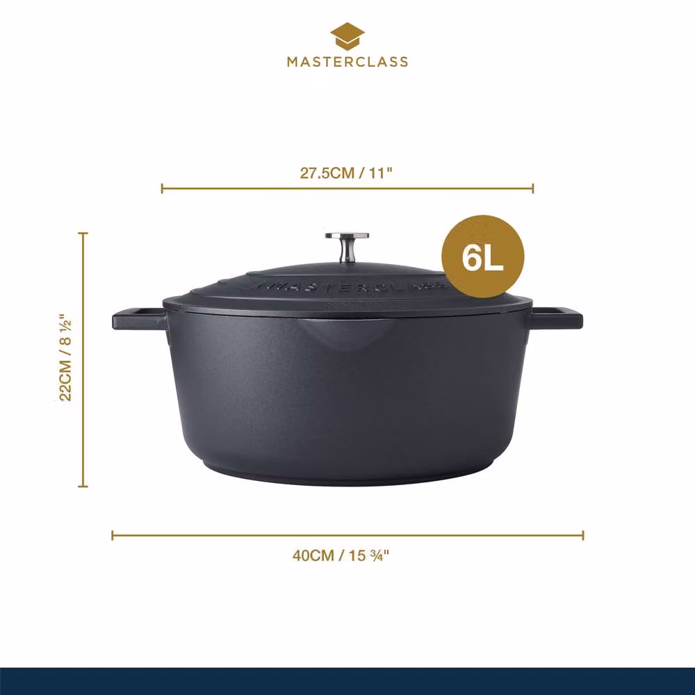 MasterClass Non-Stick Cast Aluminium Casserole Dish with Silicone Handle Covers, Black, 6L – 4