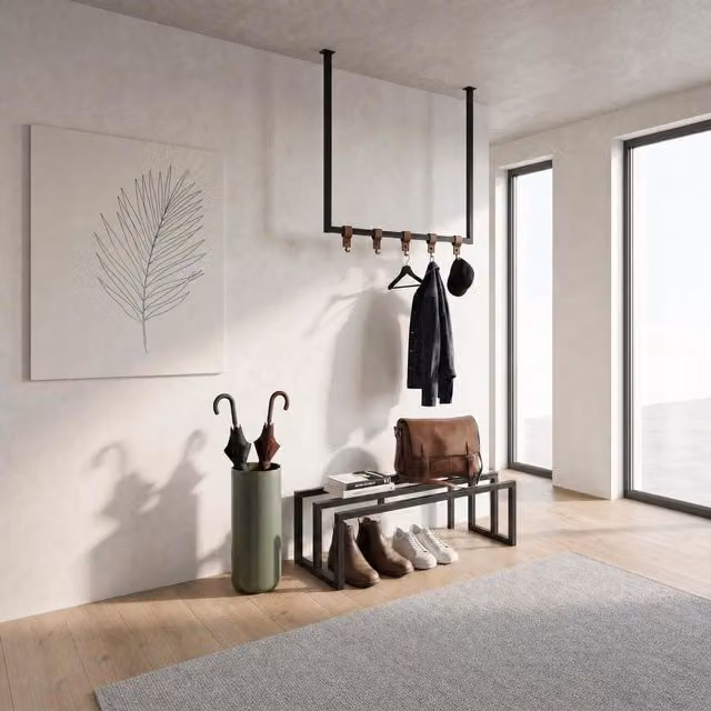 Decortie Roya Industrial Hallway Set in Black with Shoe Cabinet, Bench and Hook Rail