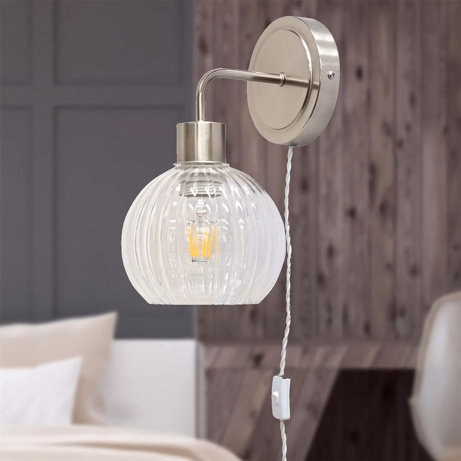 First Choice Lighting Toby Set of 2 Silver Plug in Wall Lights with Transparent Glass Shades – 2