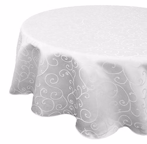 WedDecor 10-Piece White Polyester Damask Tablecloth Set with Branch Swirl Pattern, Round, W: 305 cm