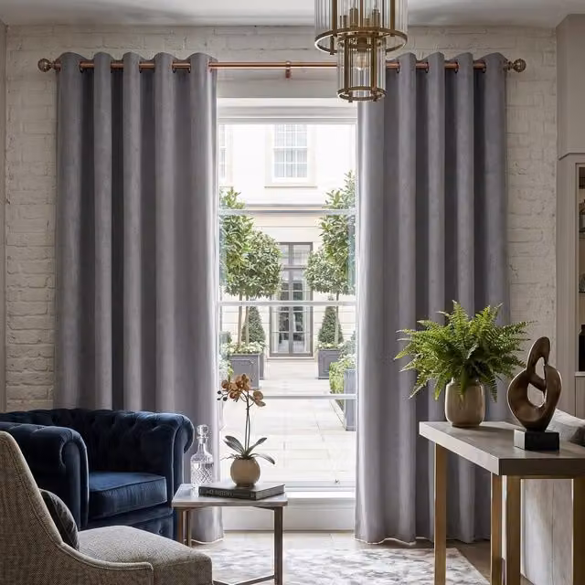 Livinluxury Silver Grey Velvet Chenille Opaque Eyelet Ring Top Curtains, Height: 229 cm