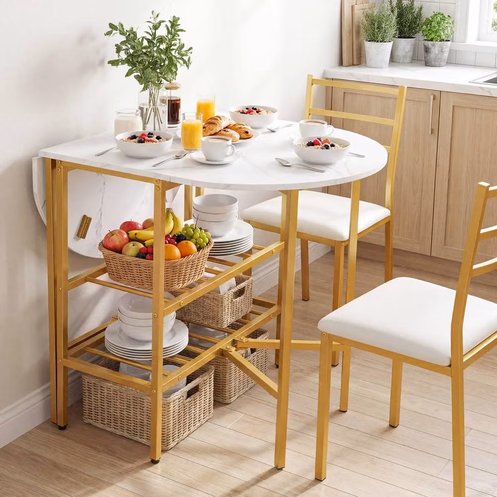 Costway Oval Folding Kitchen Dining Table with 2 Drop-Leaf Side Panels in White – 2