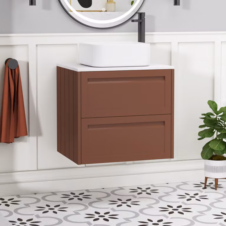 Royal Bathrooms Elmore 600mm Wall Hung Vanity Unit with 2 Drawers and Elena Basin in Terracotta Clay Matt Finish