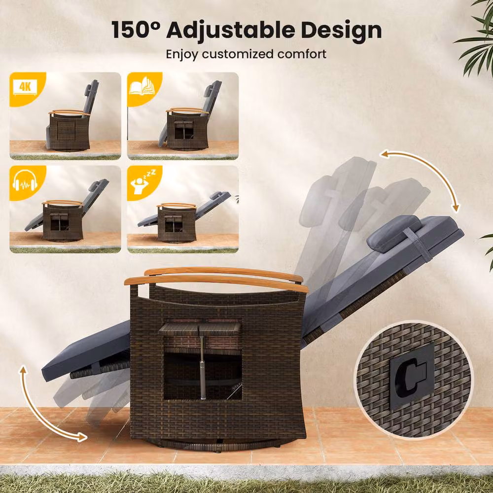 Gymax 360 Swivel Wicker Lounge Chair with Flip Side Table and Gas Spring Recline in Grey – 8