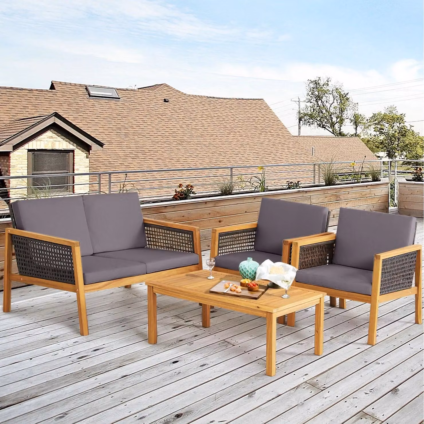 Costway 4-Piece Acacia Wood and PE Rattan Patio Furniture Set in Grey with Upholstered Cushions – 3