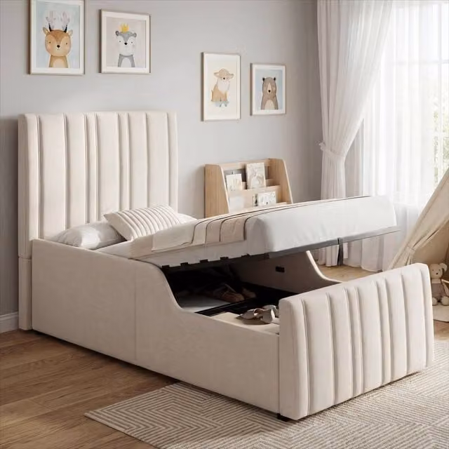 Rolipo Beige Linen Upholstered Single Bed with Hydraulic Lift-Up Storage W/D/H: 90 x 190 cm