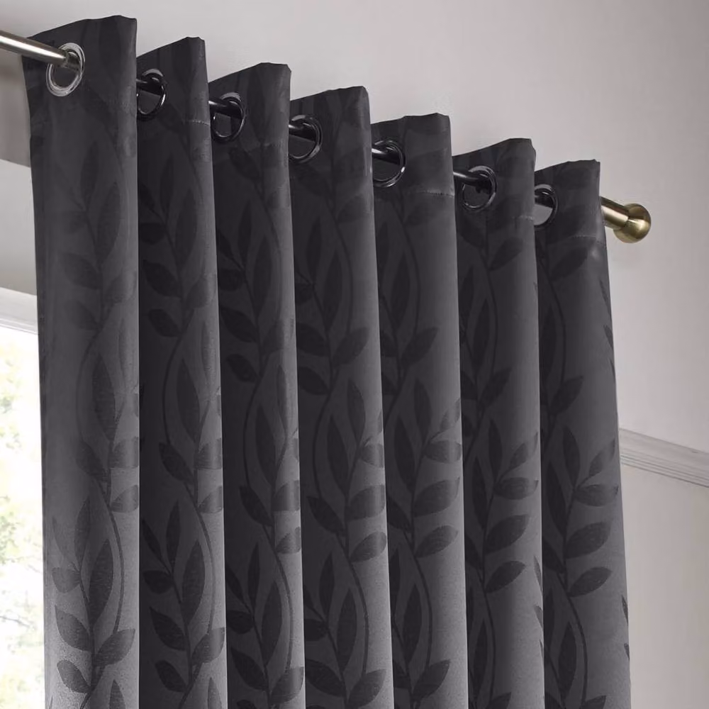 Luxury Living Jacquard Leaf Ring Top Curtains in Charcoal Grey, Width: 117 cm, Drop: 183 cm – 6