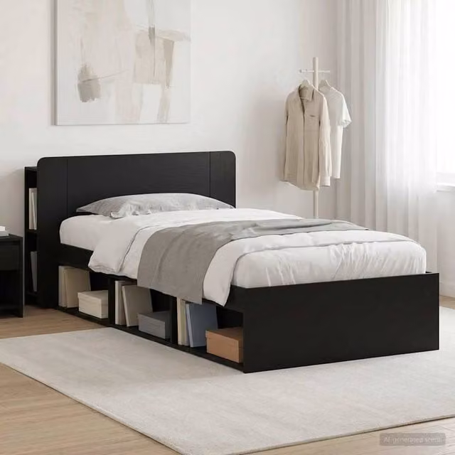Berkfield Home Modern Bed Frame with Storage Drawers in Black, Engineered Wood, W/D/H: 90 x 190 x 80 cm