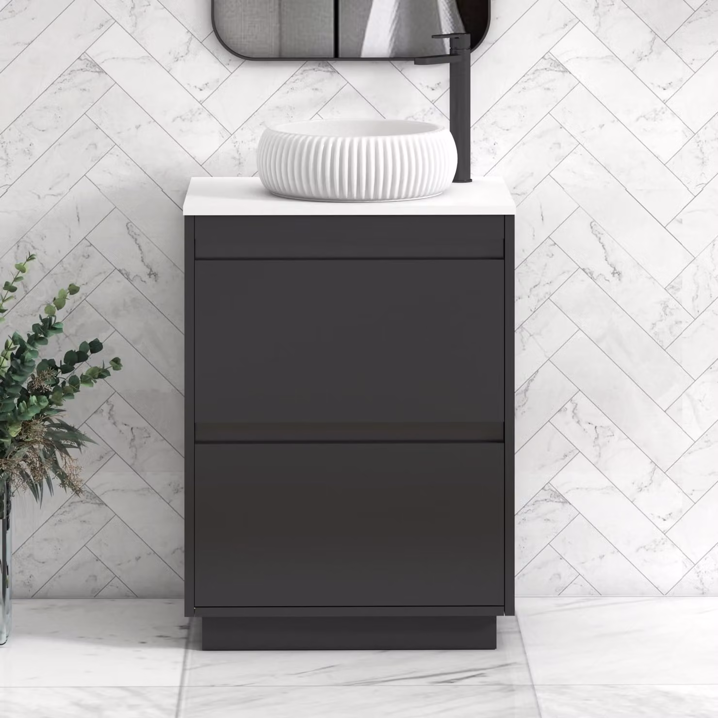 Royal Bathrooms Orion 600mm Matt Obsidian Black Floor Standing 2 Drawer Vanity Unit with Plain White Countertop and Milan Basin