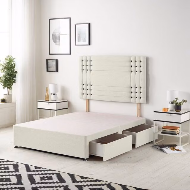 Somnior Beds Ltd Saville White Velvet Upholstered Divan Base with Drawers, W/D/H: 200 x 200 cm