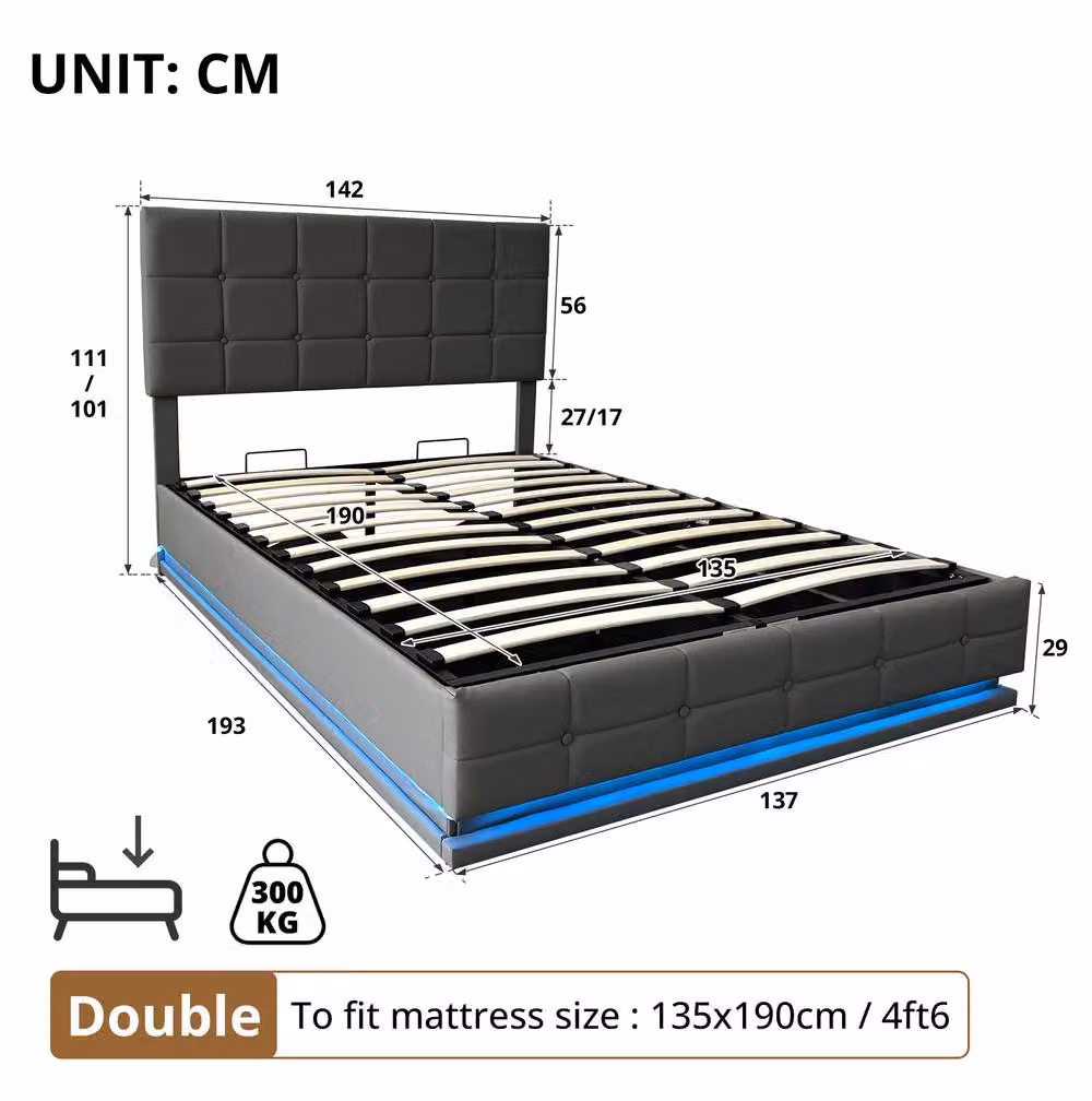 STILVORA Double Ottoman Bed with LED Under-Bed Lighting and Storage in Grey, W/D/H: 140 x 200 x 29 cm – 3