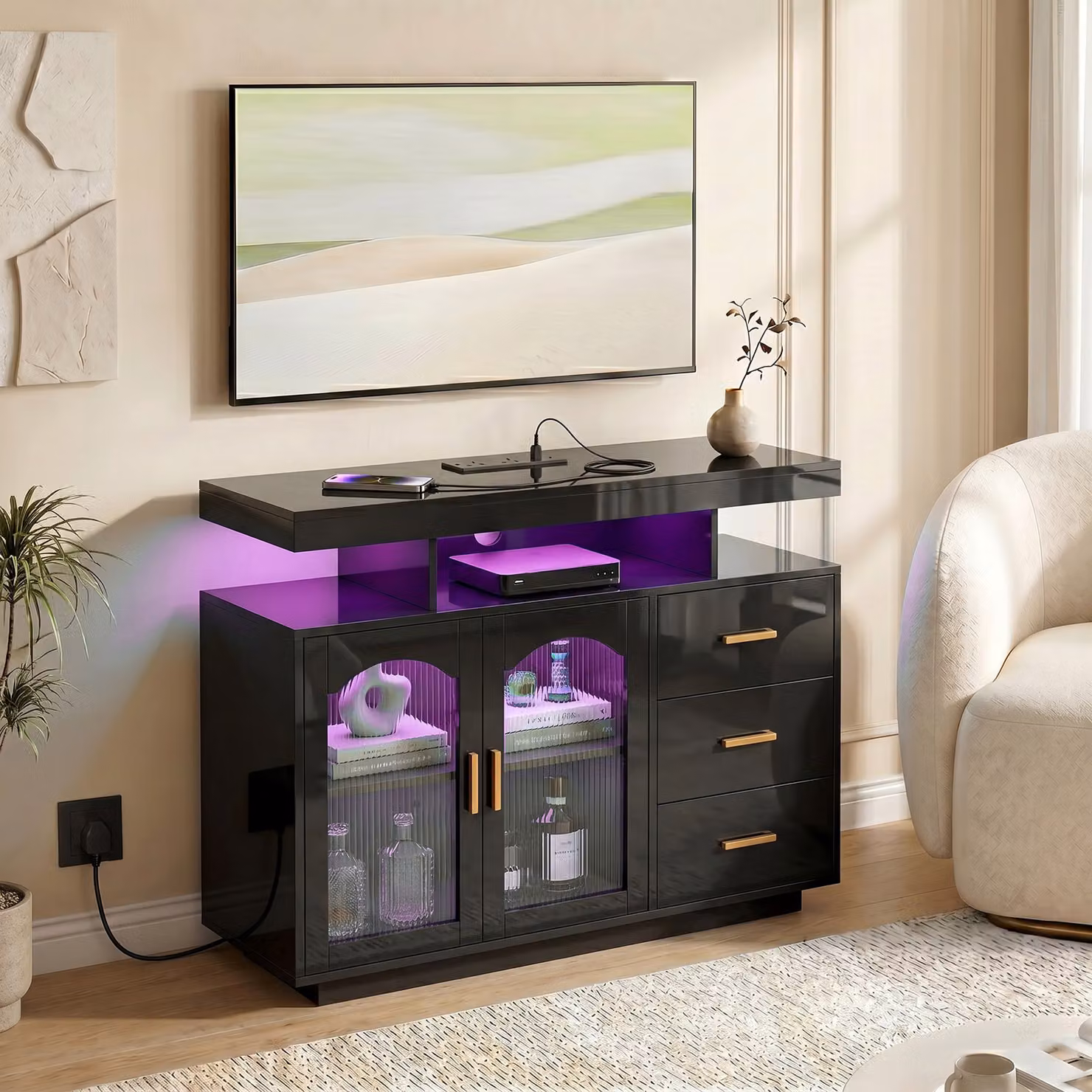 HOMCOM Modern High Gloss Black Sideboard with Integrated LED Lighting, Built-in Power Outlets, 3 Drawers, Shelves and 2 Acrylic Doors – 8