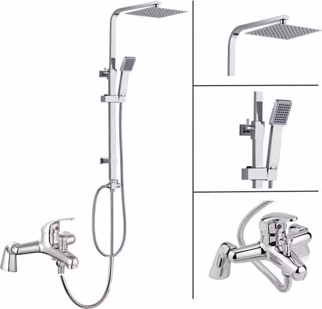SPETLEK Twin Head Chrome Square Shower Kit with Riser Rail and Bath Mixer Tap in Metallic Silver