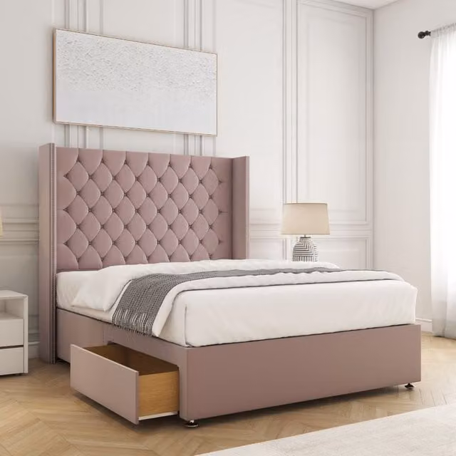BSSPOKE Olivia Plush Small Double Divan Bed with 54 inch Headboard, 2 Drawers and Footend in Pink Velvet Fabric, W/D/H: 120 x 200 cm