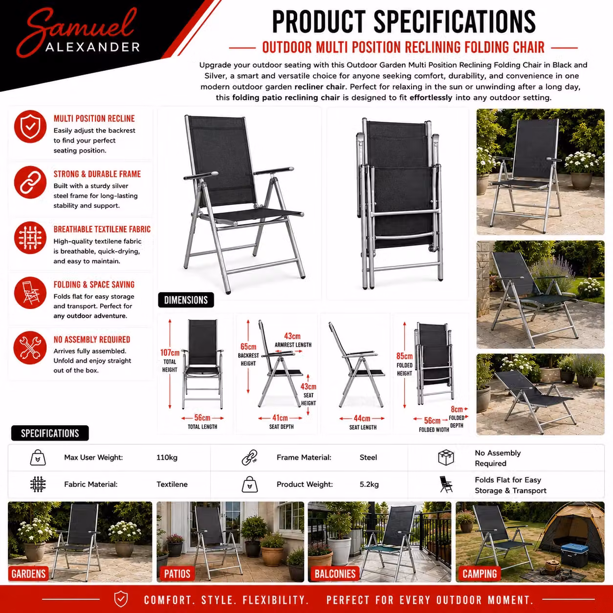 Samuel Alexander Multi Position Reclining Folding Outdoor Garden Patio Chair in Grey, Black and Silver – 7