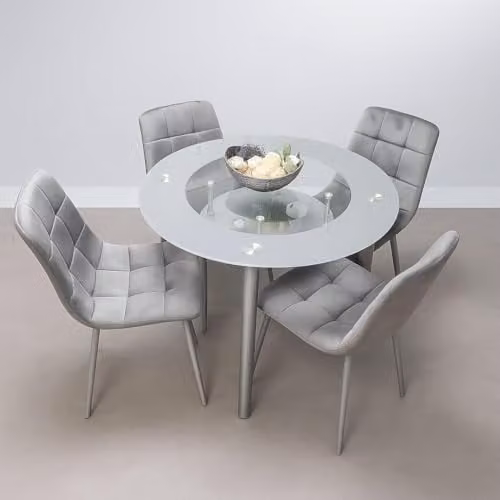 KOSY KOALA Modern Round Matt Glass Dining Table and 4 Grey Velvet Chairs Set, W/D/H: 90 x 90 x 75 cm