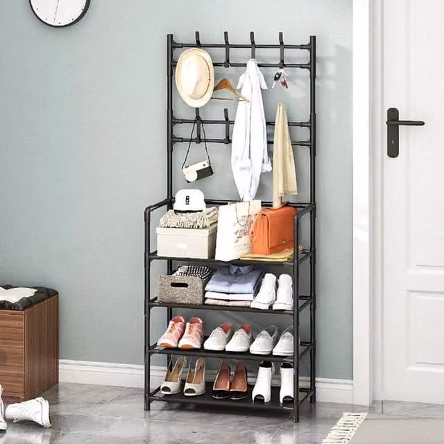 Havendro Black 4 Tier Metal Coat Rack Stand with Shoe Storage and 8 Hooks – 1