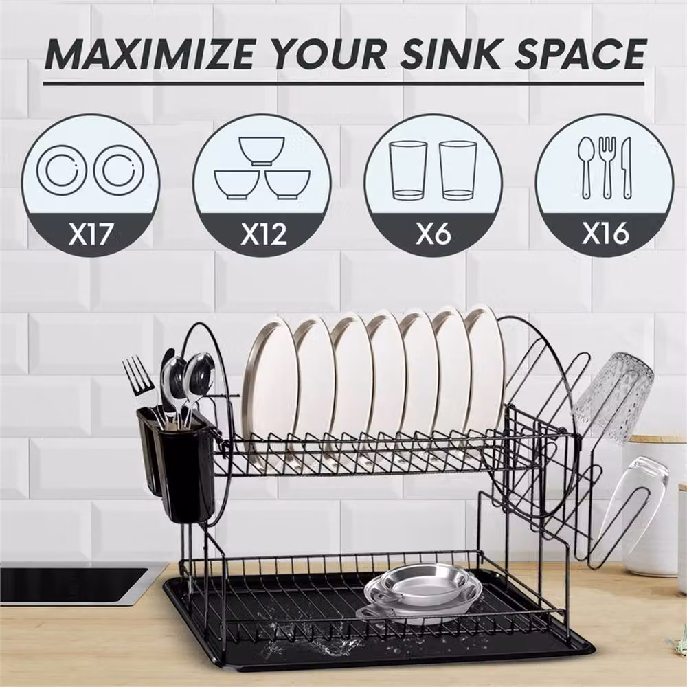 VOGREX 2 Tier Black Dish Drainer Rack with Drip Tray and Cutlery Holder – 2