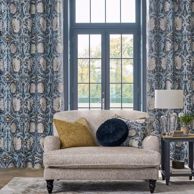 William Morris At Home Pimpernel Floral Eyelet Blackout Curtains in Indigo Blue, Yellow and White