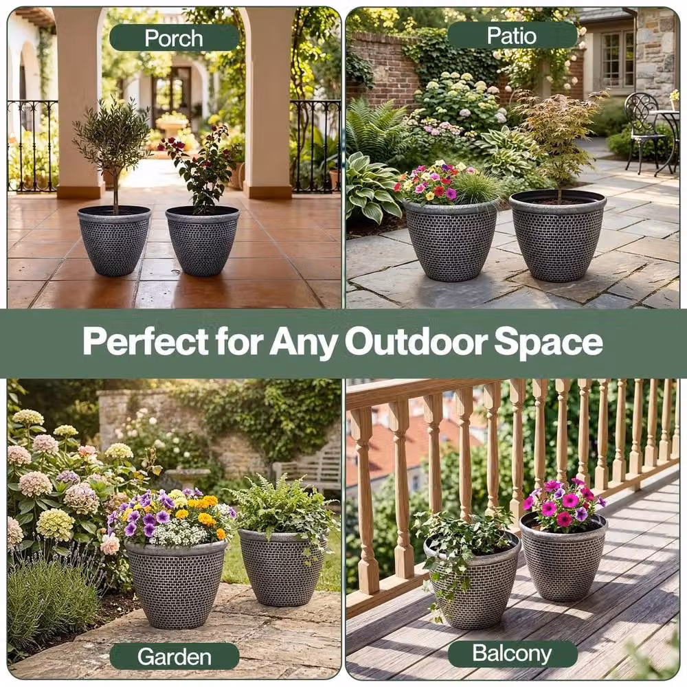 VOGREX 2 Pack Silver Plastic Round Plant Pots with Drainage Holes, Diameter: 36 cm – 3