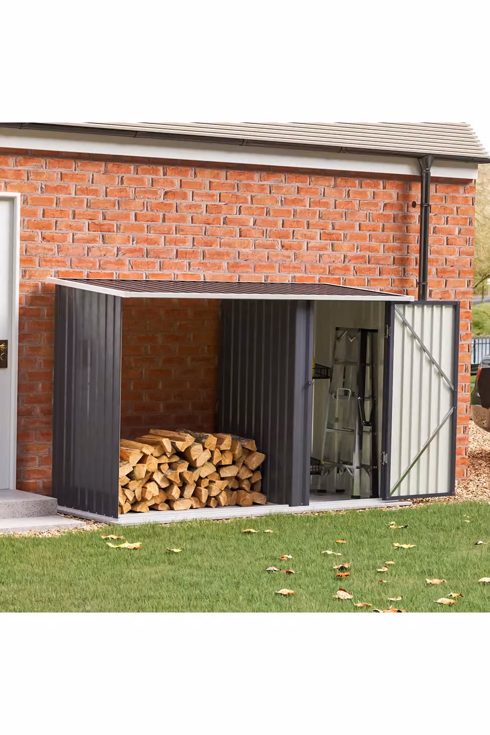 Living and Home Black Steel Outdoor Garden Storage Shed with Log Stacking Rack, W/D/H: 250 x 103 x 159 cm – 2