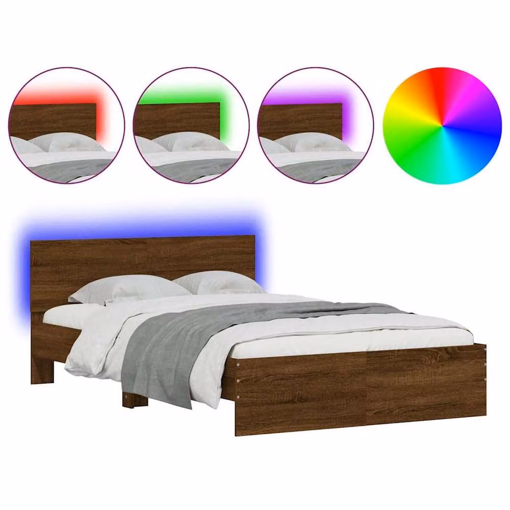 Berkfield Home Modern Bed Frame with Headboard and LED Under-Bed Lighting in Brown Oak, W/D/H: 140 x 190 x 70 cm – 3