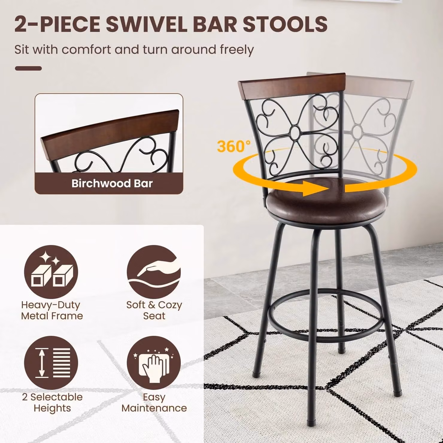 Costway Set of 2 Brown Synthetic Leather Swivel Bar Stools with Adjustable Height and Metal Base – 4