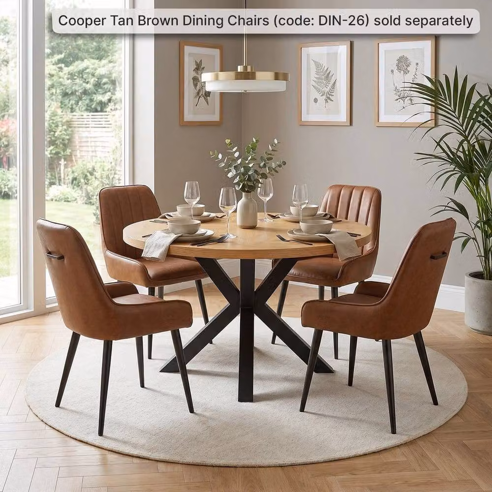 FORGEVIO Mid-Century Round Dining Table in Light Oak with Black X-Frame Legs – 3