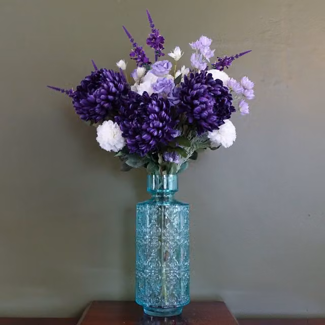 Mixed Leaf Geometric Glass Tabletop Vase in Purple, Turquoise and White, W/D/H: 40 x 16 x 16 cm