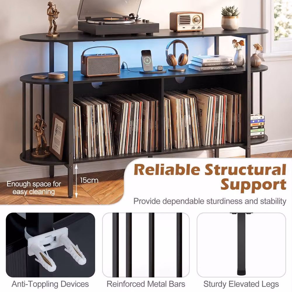 Gymax 3-Tier Black Metal Record Player Stand and Vinyl Cabinet with Integrated Lighting and Media Compartments – 8
