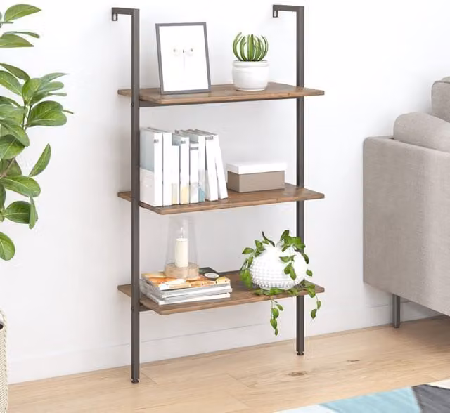 Berkfield Home 3-Tier Industrial Leaning Ladder Shelf in Dark Brown and Black, W: 64 cm, D: 35 cm, H: 120.5 cm – 1