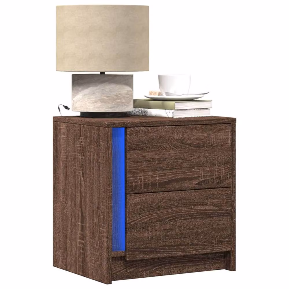 Berkfield Home Set of 2 Modern Brown Oak Bedside Cabinets with Integrated LED Lighting – 2