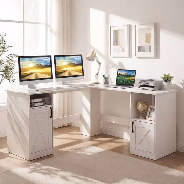 Gymax L-Shaped Corner Executive Office Desk with Charging Station, White – 1