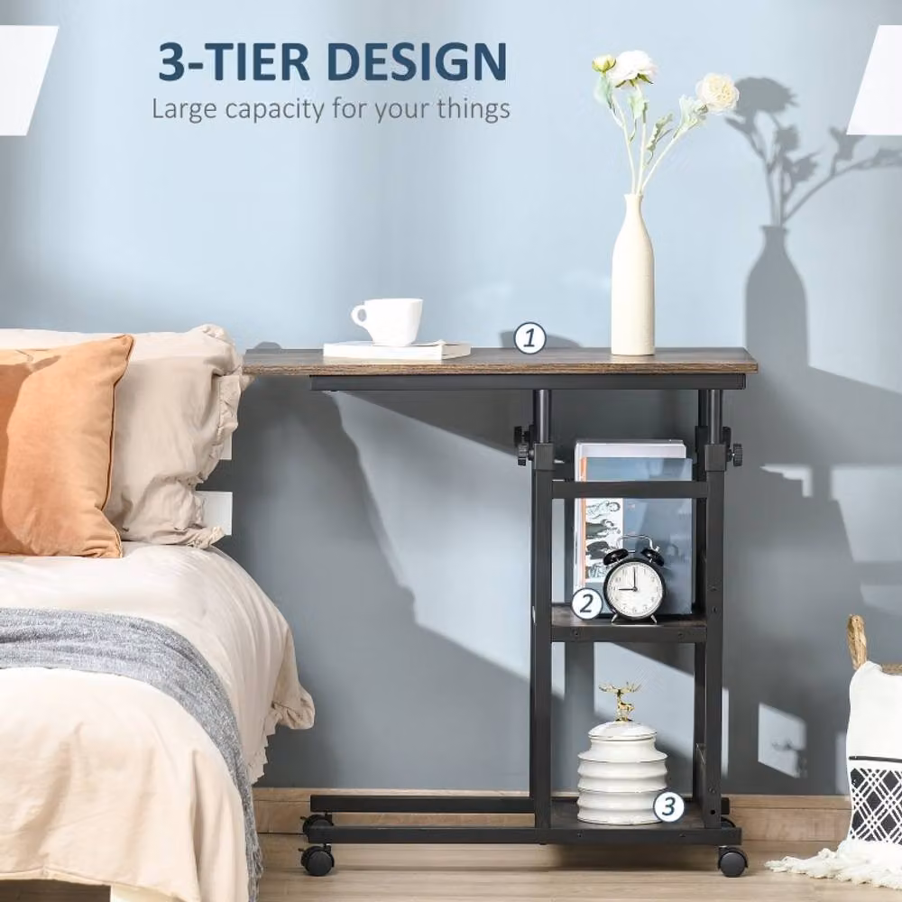 STILVORA C-Shaped Side Table with 3-Tier Storage and Castors in Brown – 2