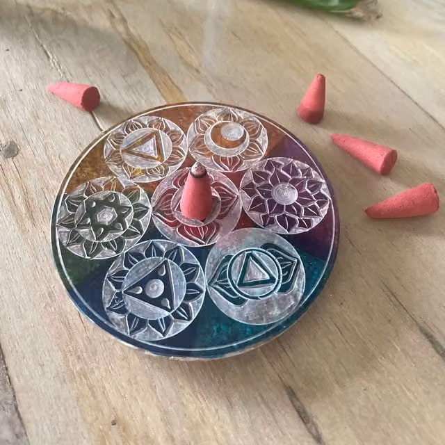 KDMK Seven Chakra Soapstone Disc Incense Holder, Multicolor, Diameter: 10 cm