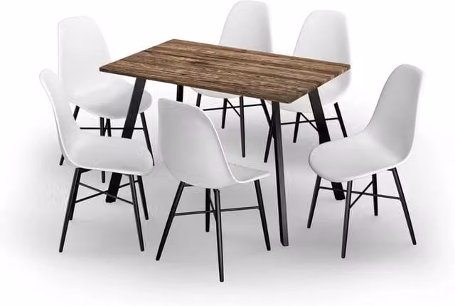 URBNLIVING Modern Dining Set with 110 cm Rectangular Rustic Oak Table and 6 White Tulip Chairs