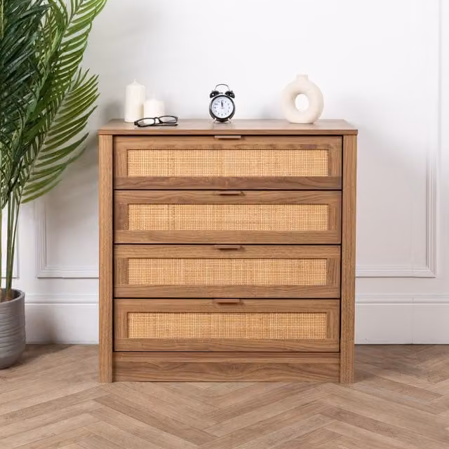 Home Treats Rustic Brown Wooden Rattan Chest of Drawers