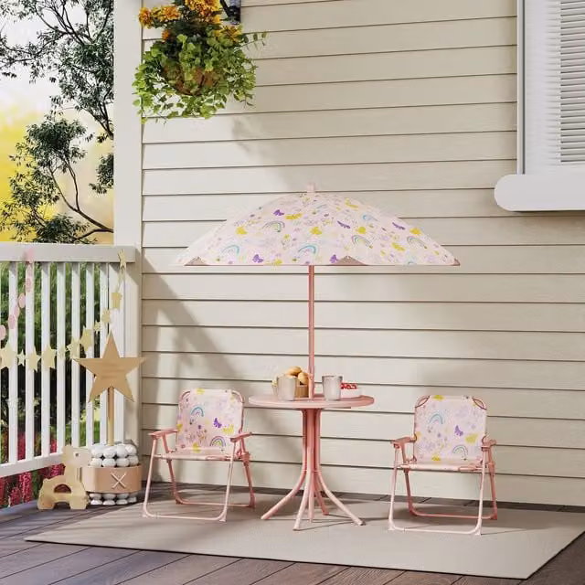 AIYAPLAY Kids Picnic Table with Folding Chairs and Parasol, Pink