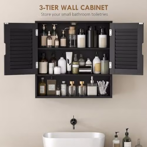 HOMCOM Modern Black Wall Mounted Bathroom Cabinet with Hinged Doors and Internal Shelves, W: 60 cm, D: 20 cm, H: 60 cm – 4