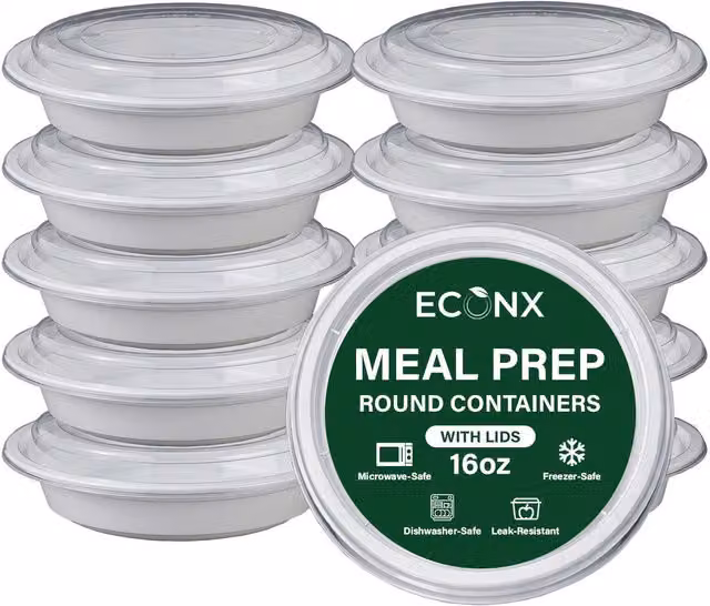 ECONX White Plastic Meal Prep Containers with Airtight Leakproof Lids, 20 Pack, 16oz, BPA Free, Microwave and Dishwasher Safe