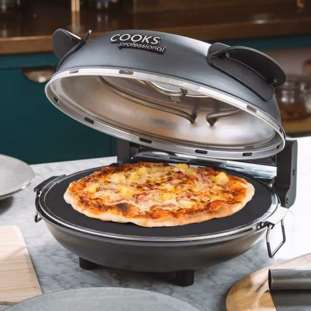 Cooks Professional 1200W Electric Pizza Oven with 31cm Stone Base, Timer and Glass Window in Grey
