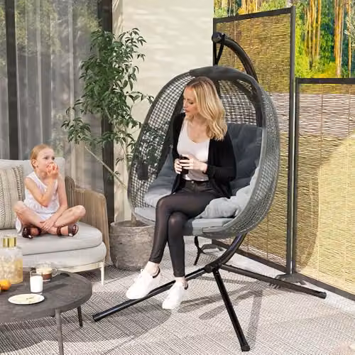 Outsunny Modern Egg Swing Chair with Padded Cushions and Cup Holder in Grey – 5