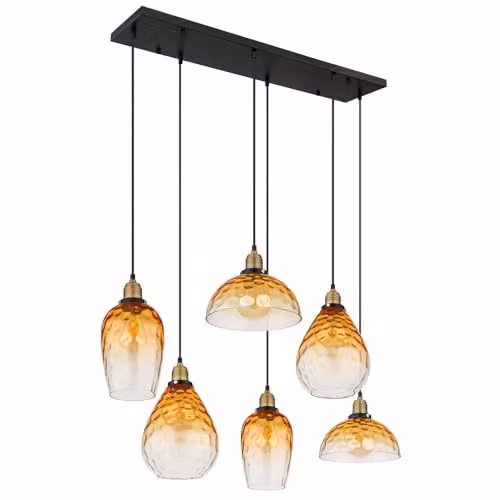 Globo Lighting Amber Glass and Black Metal Dining Room Pendant Light for 6 E27 Bulbs