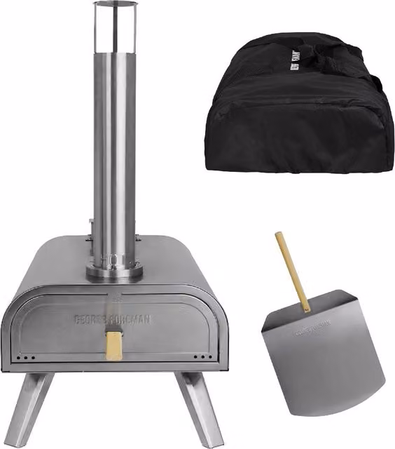 George Foreman 16 Inch Wood Pellet Pizza Oven in Silver with Paddle and Carry Bag