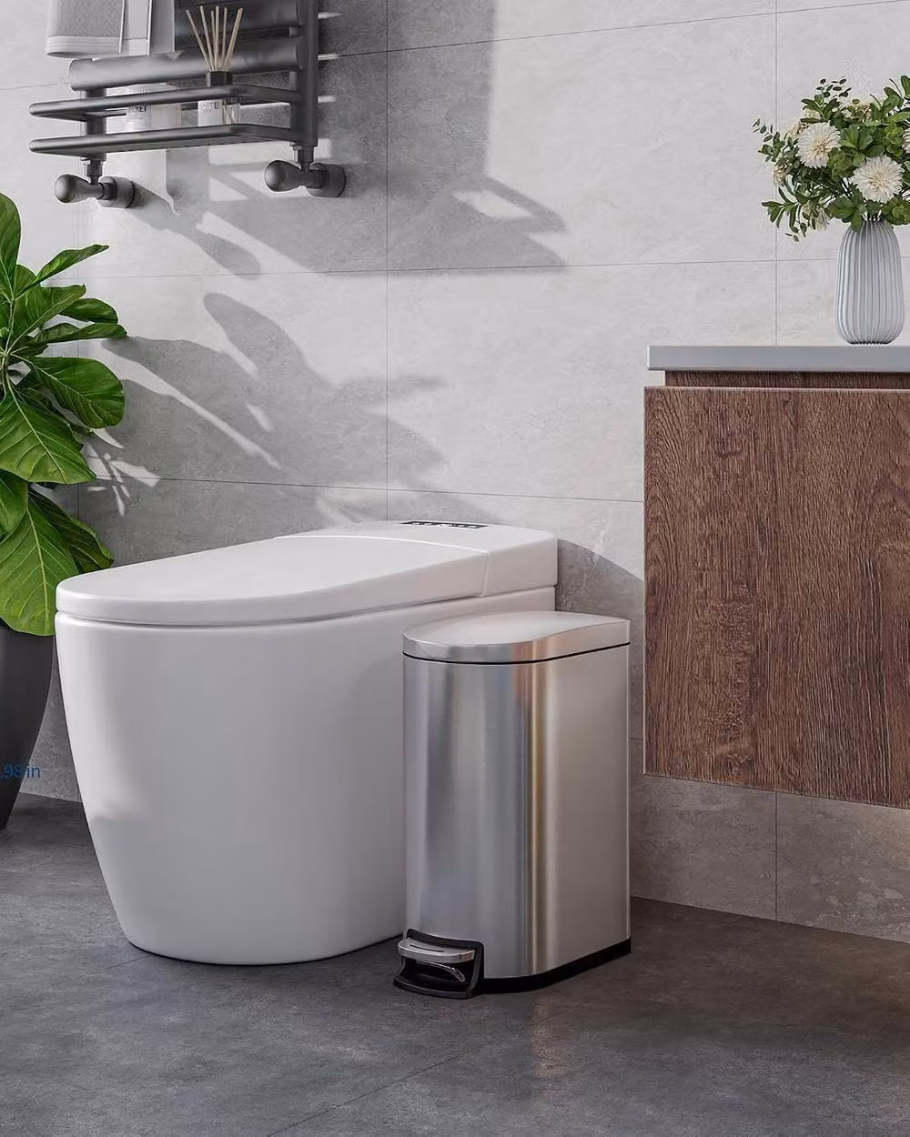 London Boutique Stainless Steel Step-On Kitchen Bin Set with Lids, Silver, 50L and 10L – 4