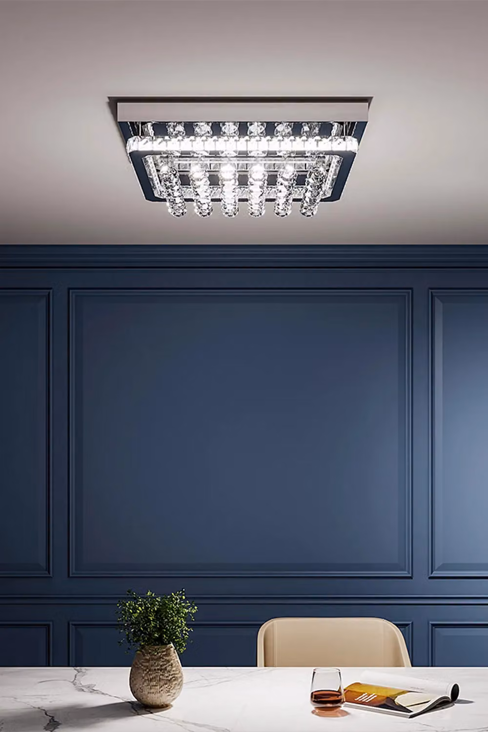 Living and Home Luxury Square Crystal Flush Mount Ceiling Light with Chrome and Silver Frame – 2