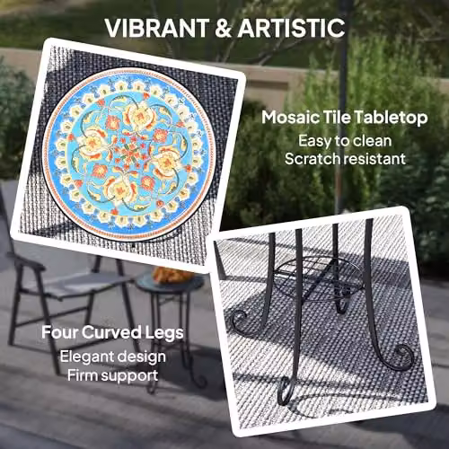 Outsunny Blue Mosaic Garden Bistro Table with Shelf, Round Ceramic Top – 4