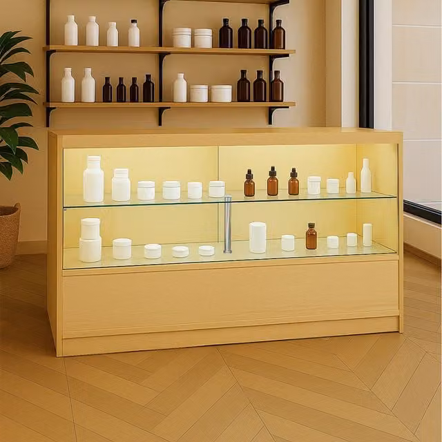 Monster Shop C1500 LED Shop Counter in Beige with Glass Doors and Integrated Lighting