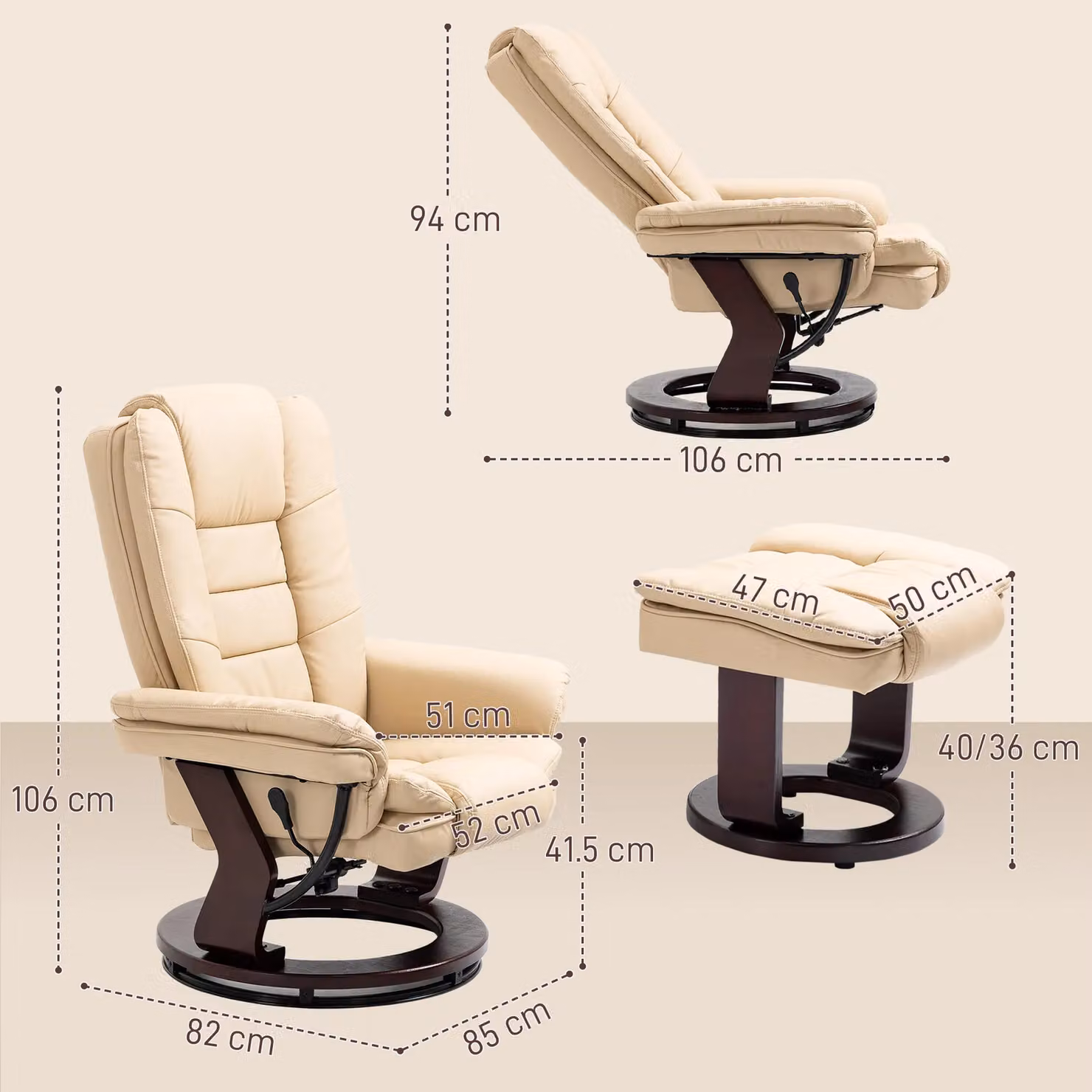 HOMCOM Swivel Manual Recliner and Footrest Set in Beige PU Leather – 3