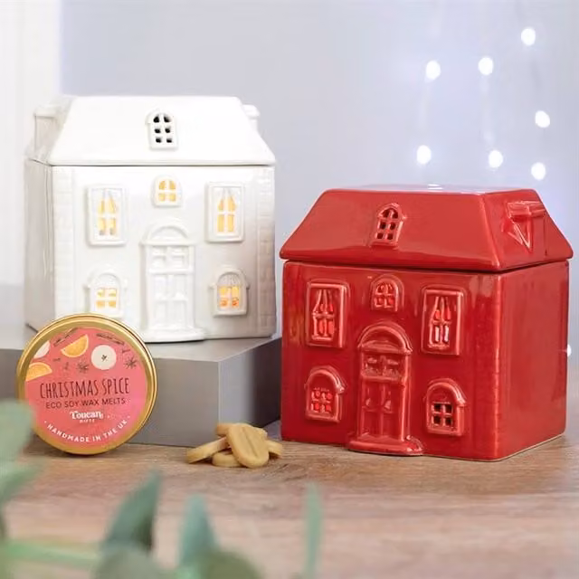 Uniqueful Red Ceramic House Oil Burner for Tealights